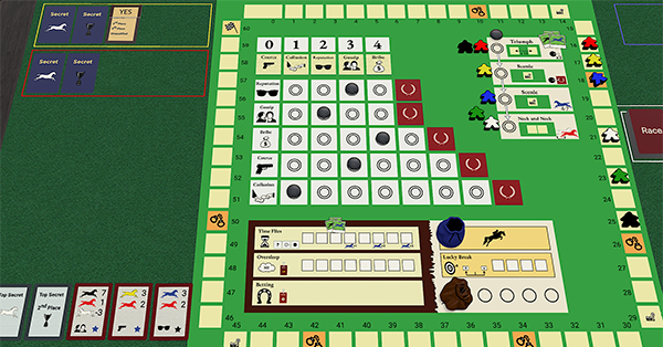 snapshot of the game board, pieces and a player hand.