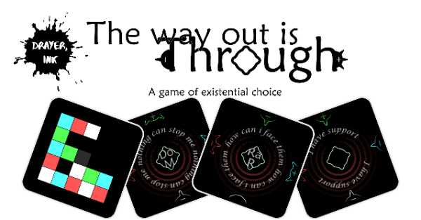 The Way Out is Through title block with a selection of cards displayed and the Drayer Ink logo