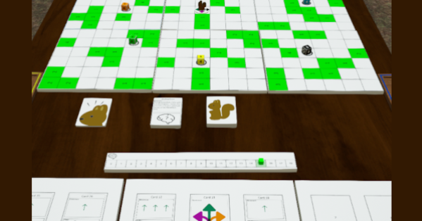 Cooperative,  programming  card game with a squirrel theme. Modular board. Turn-based timers for collecting acorns.