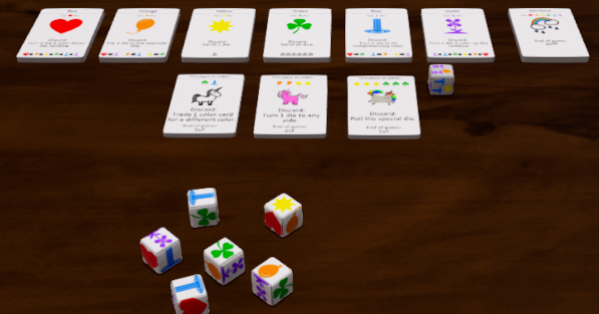 Custom Dice with 6 color icons. Cards matching the dice. Score cards.