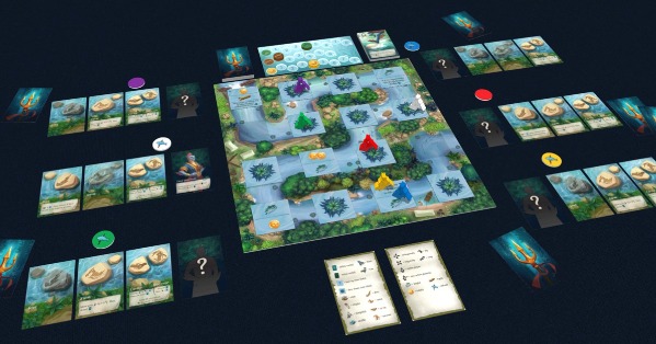 A 6-players, mid-game image of Riverbed Hunt in Tabletopia.