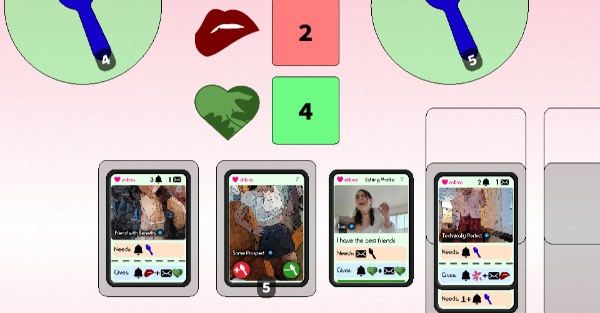 Some cards styled to look like a dating app, with a FWB swiped to the left, Xoe's profile card to the right of the deck, and to the right of that a person named 