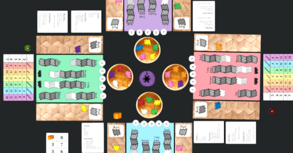 Four player mats surrounding a central set of baskets containing custom tokens