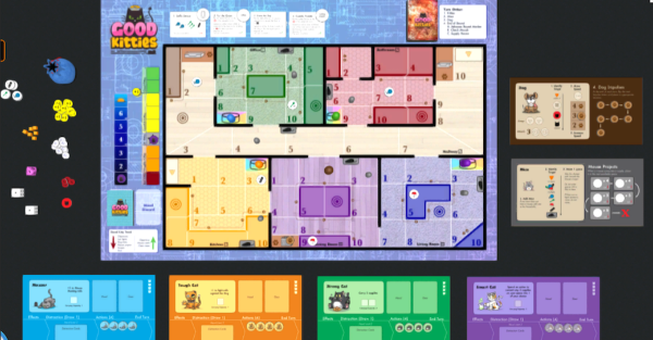 A game board showing the top down view of a house,  6 player mats, and game components