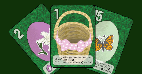 Three playing cards depicting Easter eggs and baskets.