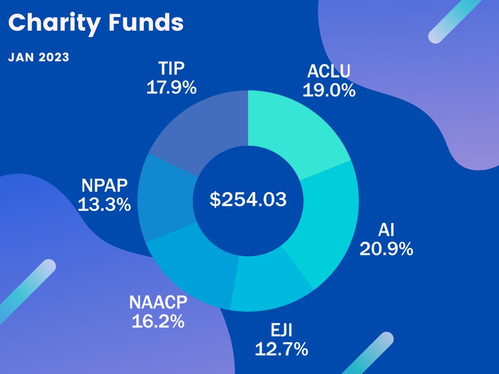 Charity Funds Jan 2023 -- $254.03: ACLU 19.0%, AI 20.9% EJI 12.7%, NAACP 16.2%, NPAP 13.3%, TIP 17.9%
