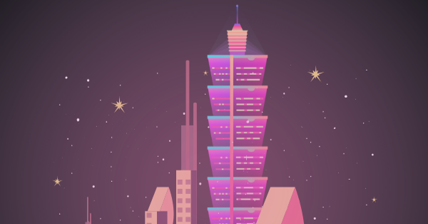 A towering, pink-neon skyscraper among a cyberpunk city