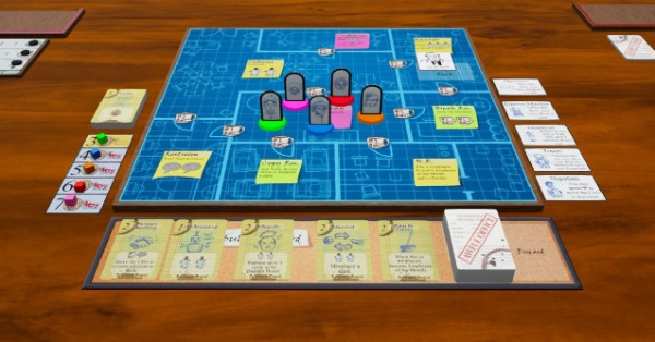 Game board with standups on it. Row of cards below and to the right of the board. Tracker with colored cubes and a stack of cards to the left of the board.