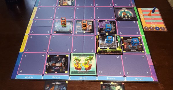 Heroes, and Arena cards on a Grid engaged in dice-based combat