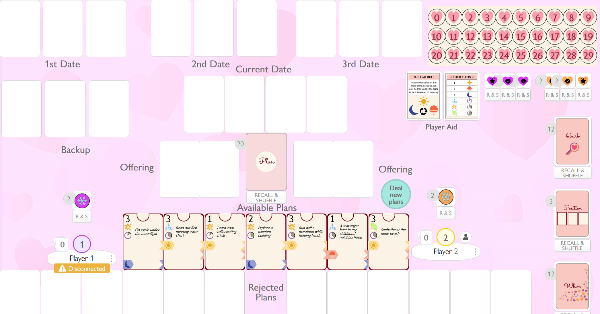 Playmat with several types of cards (date plans, quirks, whims), a chemistry counter, and a pink hearted background