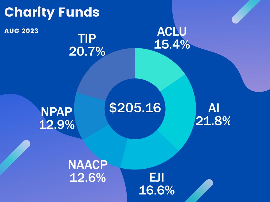 Charity Funds August 2023 -- $205.16: ACLU 15.4%, AI 21.8% EJI 16.6%, NAACP 12.6%, NPAP 12.9%, TIP 20.7%