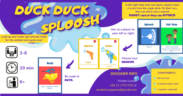 Duck Duck Sploosh logo, player count 3-6, time 20 min, ages 6+