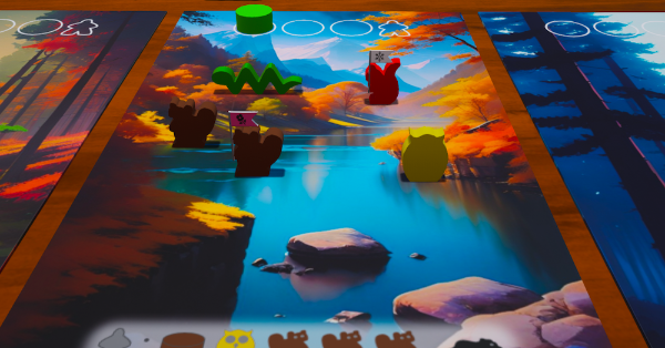 a close-up image of a simulated board game that includes a board printed with an illustration of a forest. tokens shaped like various animals, some holding flags, are placed on top of the board.