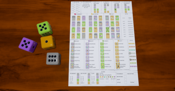 4 different colored dice and player sheet