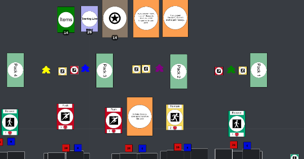 A midgame setup, players have played their running cards, spent energy to move in the race. Meeples represent runners, dice represent automa opponents.