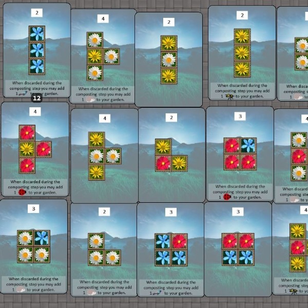 Some of the arrangement cards showing the polyomino shapes that players recreate in their gardens.