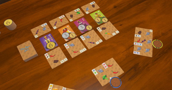 A screenshot from Tabletop Playground. There are four cards displaying members of a cartoon royal family, each of which has several coins on them. There are cards above and below each royal displaying various items of food, as well as several piles of food cards played by players, each of which has a face-down cauldron token next to it.