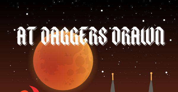 The logo, At Daggers Drawn, against a backdrop of a large, red moon and a starry night sky