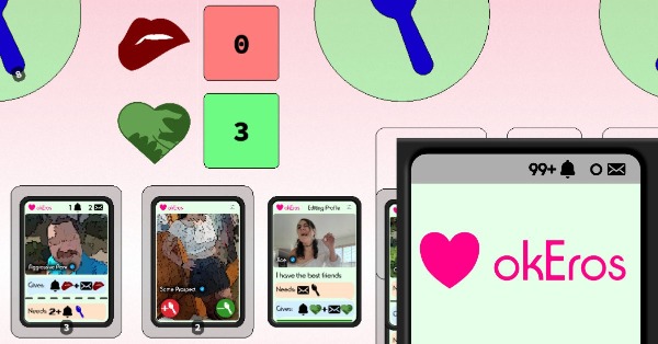 A phone with several notifications and no messages open to the okEros app.  Behind it are some cards that look like dating profiles, some spoons, and counters by a green heart and a bit lip.