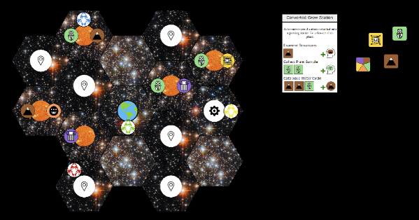 Multiple hexes with space images including star fields, symbols, and solar systems make up the irregular game map.  Ship tokens mark the player locations and discoveries, represented by symbols, are available for collection on the systems.  An event card next to the map describes ascenario one of the players must undertake through rolling dice to increase the crew's knowledge and gain new discoveries.