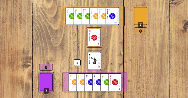 A screenshot of the game on Screentop.gg.  Two players' hands of cards, each player has played one card into the middle.