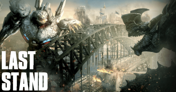 Giant Robots defend the city against rampaging Monsters, with the title of the game 