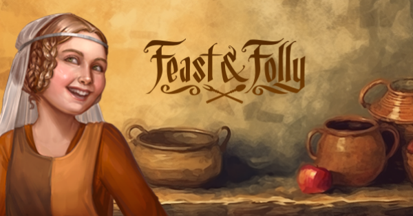 Feast and Folly board game banner, medieval girl, kitchenware