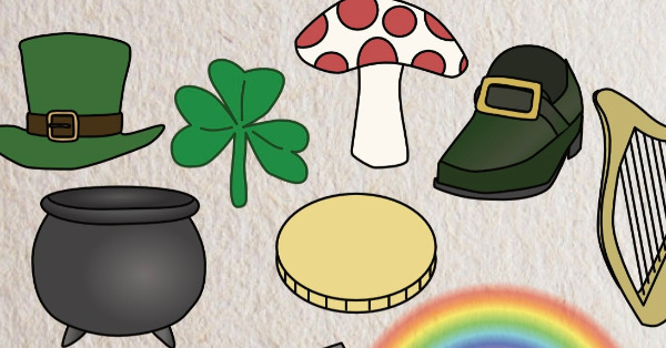 An assortment of St. Patrick's Day items such as a clover, a coin, and a rainbow