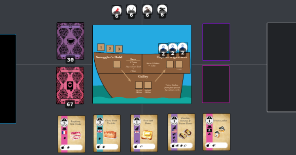 A game board of a ship with two piles of cards and 5 face up cards showing delicious dishes