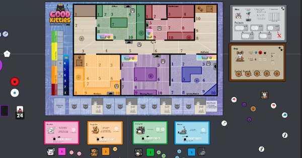 A colorful game board showing the top view of a house, with cat, mouse, and dog tokens as well as cat player boards