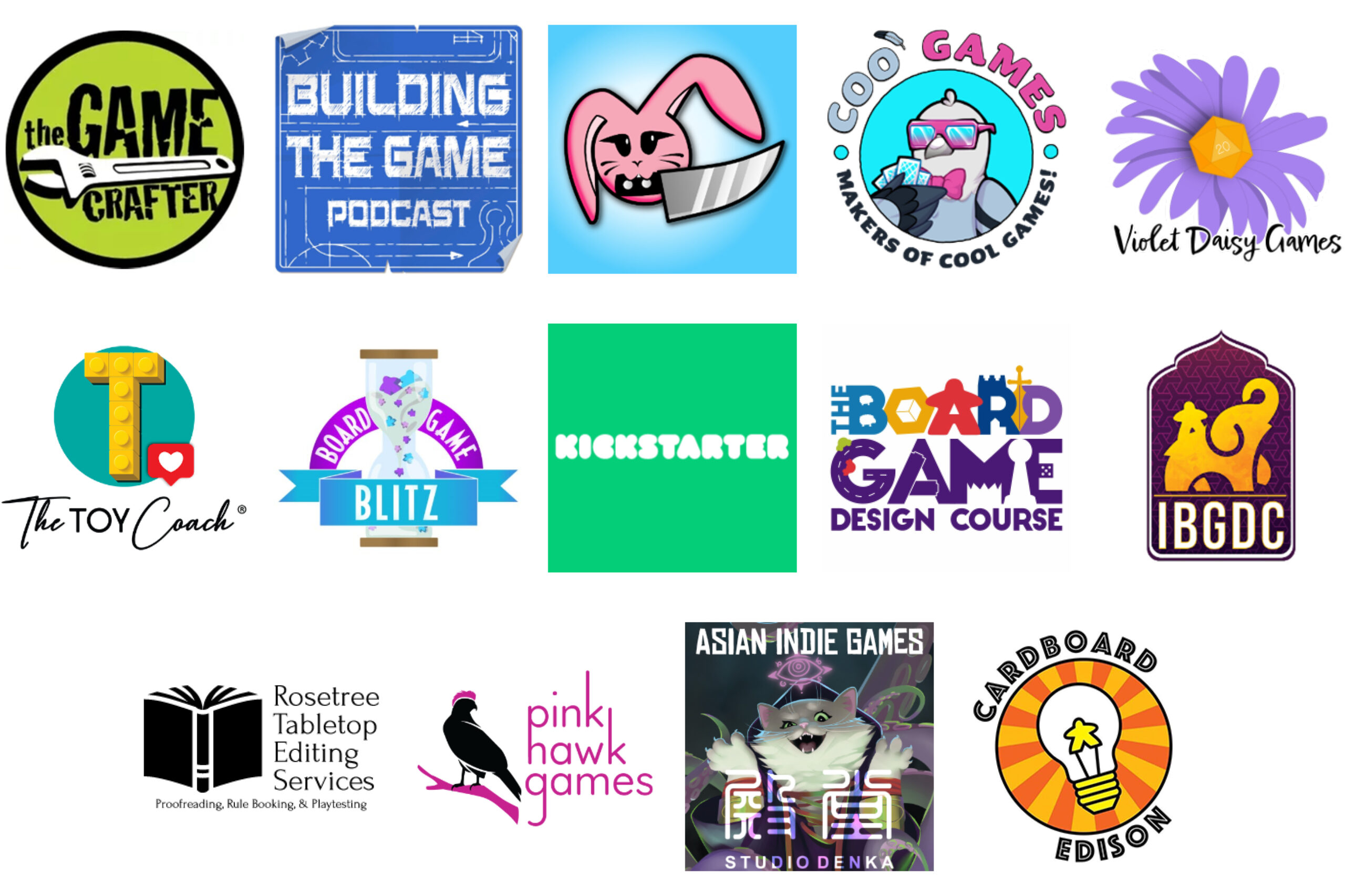 Sponsor logos for Jan 2024: The Game Crafter, Building the Game Podcast, Knife Bunny, Coo Games, Violet Daisy Games, The Toy Coach, Board Game Blitz, Kickstarter, The Board Game Design Course, IBGDC, Rosetree Tabletop Editing Services, Pink Hawk Games, Studio Denka, Cardboard Edison