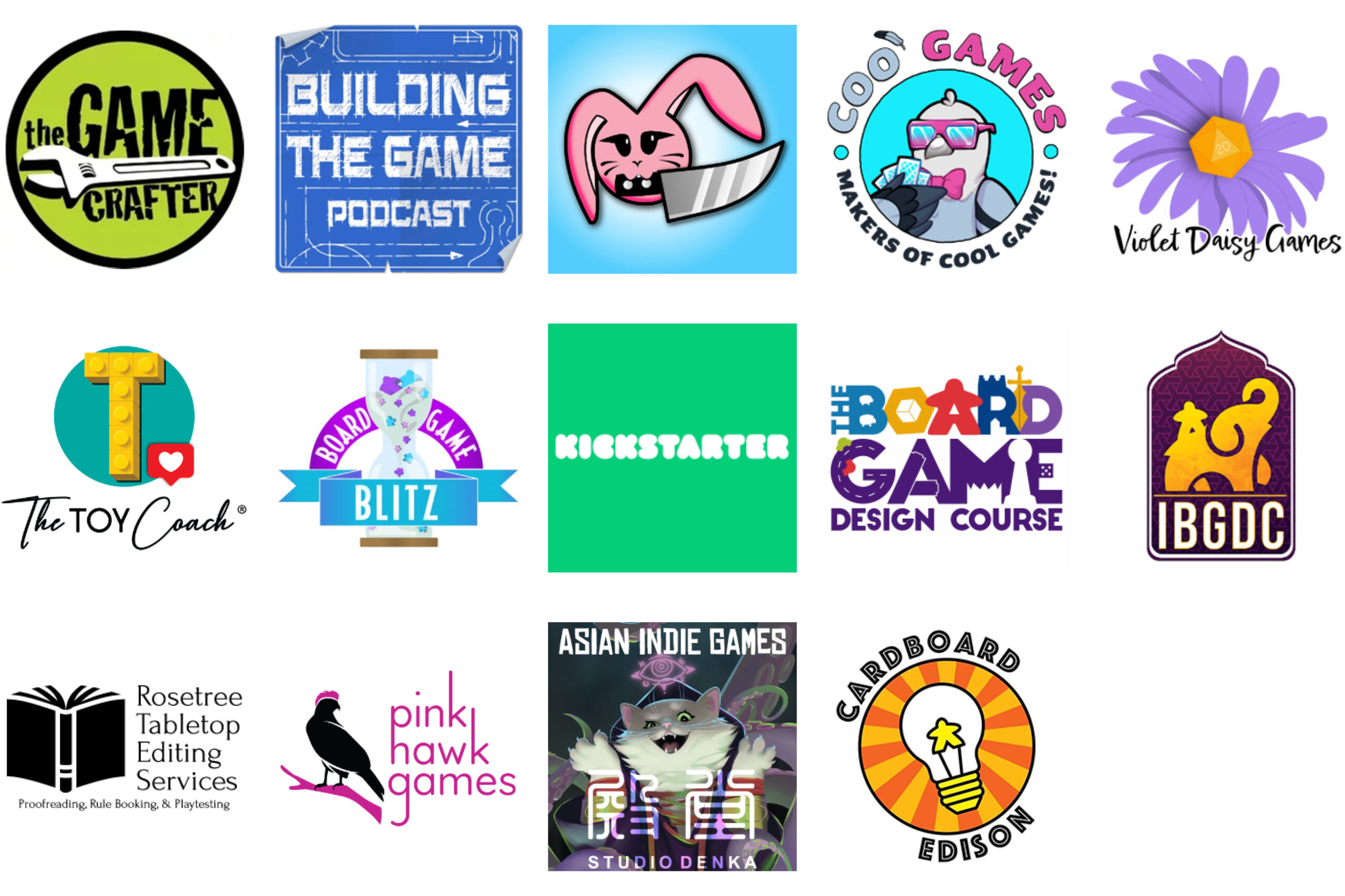 Sponsor logos for Jan 2024: Sponsor logos for Jan 2024: The Game Crafter, Building the Game Podcast, Knife Bunny, Coo Games, Violet Daisy Games, The Toy Coach, Board Game Blitz, Kickstarter, The Board Game Design Course, IBGDC, Rosetree Tabletop Editing Services, Pink Hawk Games, Studio Denka, Cardboard Edison