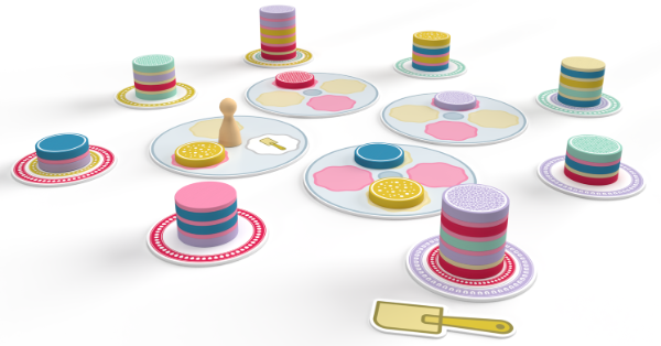 A digital rendering of Tiers of Joy. Colorful tokens designed to look like cakes are stacked on tiny plates. A central area has additional tokens and a pawn.