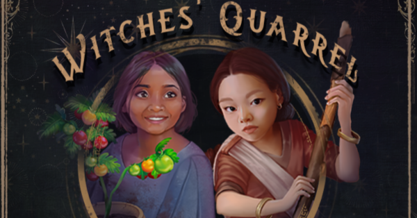 Two Children, one Indian holding a potted tomato plant and one Chinese holding a staff, under the title Witches' Quarrel