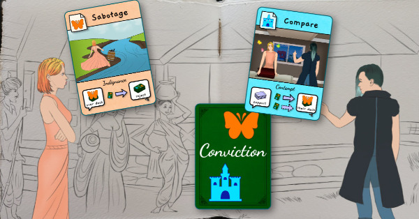 Two people having a public disagreement.  There is a sabotage card, a compare card, and the conviction deck overlaid.