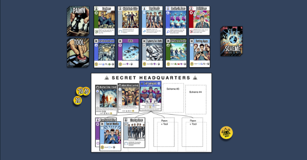 Secret Agendas card game prototype layout