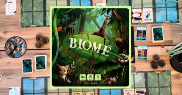 The background of the photo features the Biome game in action on a table. An image of the cover of the Biome board game box is in the foreground.