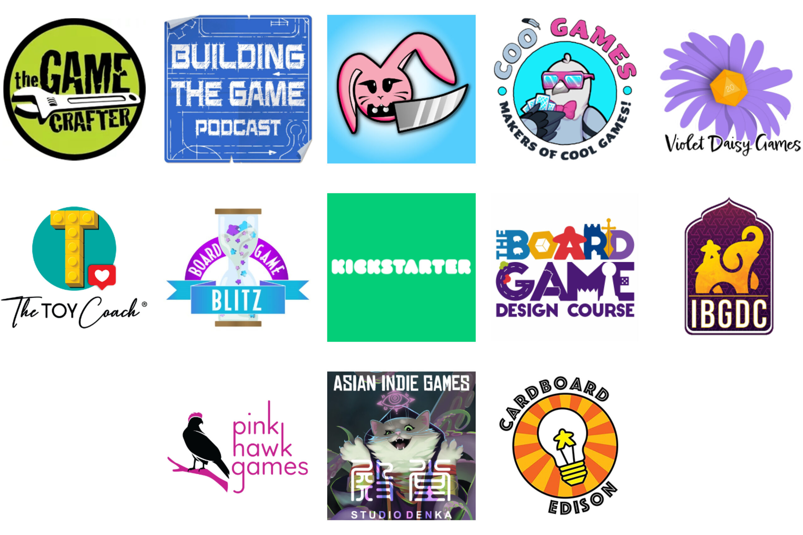 Sponsor logos for Jan 2024: The Game Crafter, Building the Game Podcast, Knife Bunny, Coo Games, Violet Daisy Games, The Toy Coach, Board Game Blitz, Kickstarter, The Board Game Design Course, IBGDC, Pink Hawk Games, Studio Denka, Cardboard Edison