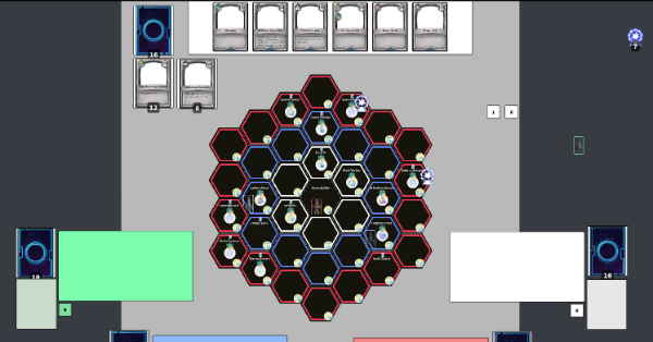 Deep Space Race prototype game in action with 3 player-ships and some of the hexes revealed.