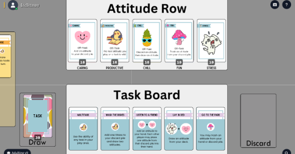 The attitude row contains the cards that compose your deck. The task board contains the task cards that you draft into your tableau.