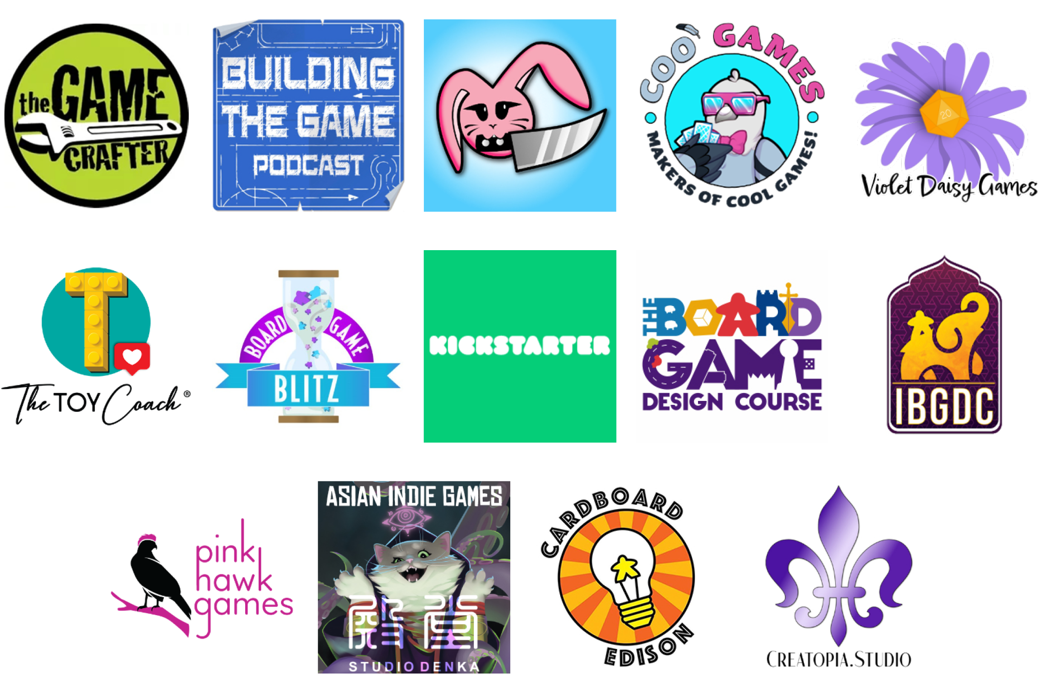 Sponsor logos for Jan 2024: The Game Crafter, Building the Game Podcast, Knife Bunny, Coo Games, Violet Daisy Games, The Toy Coach, Board Game Blitz, Kickstarter, The Board Game Design Course, IBGDC, Pink Hawk Games, Studio Denka, Cardboard Edison, Creatopia