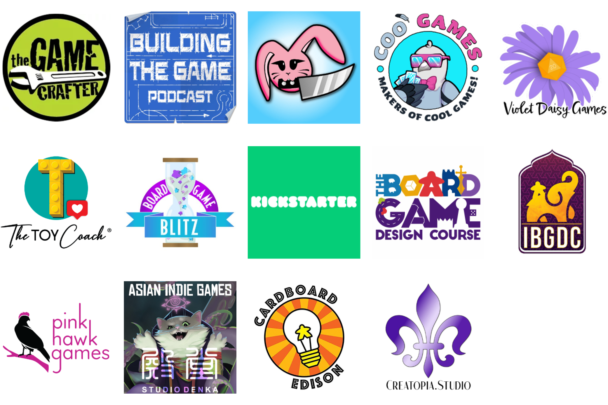 Sponsor logos for Jan 2024: Sponsor logos for Jan 2024: The Game Crafter, Building the Game Podcast, Knife Bunny, Coo Games, Violet Daisy Games, The Toy Coach, Board Game Blitz, Kickstarter, The Board Game Design Course, IBGDC, Pink Hawk Games, Studio Denka, Cardboard Edison, Creatopia