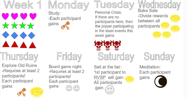 A screenshot of a  calendar week filled with game events, containing numerous symbols to be rewarded to players