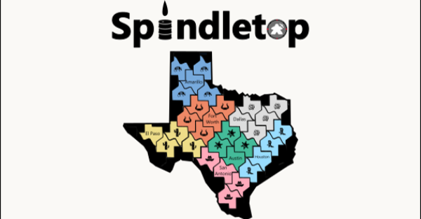 Texagons! A map of Texas made of smaller, tessellated Texas shapes. And the word Spindletop across the top, with an oil barrel for the I and a poker chip for the O.