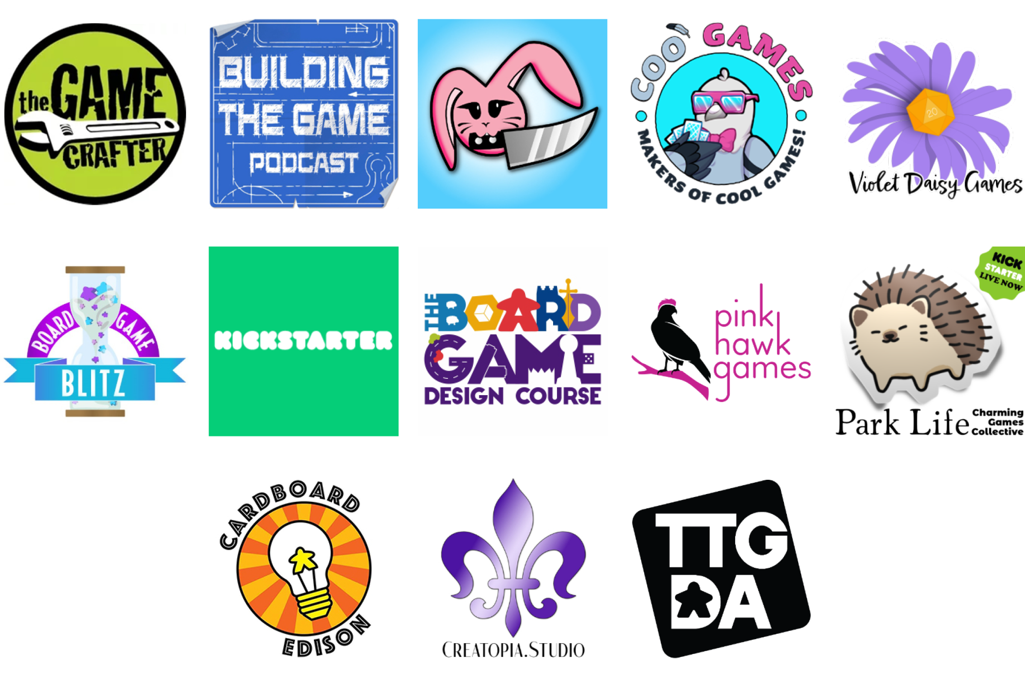 Sponsor logos for May 2024: The Game Crafter, Building the Game Podcast, Knife Bunny, Coo Games, Violet Daisy Games, Board Game Blitz, Kickstarter, The Board Game Design Course, Pink Hawk Games, Charming Games Collective, Cardboard Edison, Creatopia, TTGDA