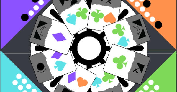 A wheel full of cards with typical suit icons with different colors ready to draft