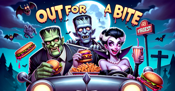 Three classic movie monsters in a car grubbing on fast food