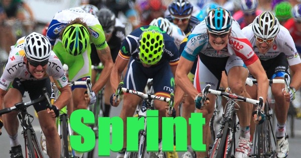 Sprint finish of a bicycle race with the word sprint over it