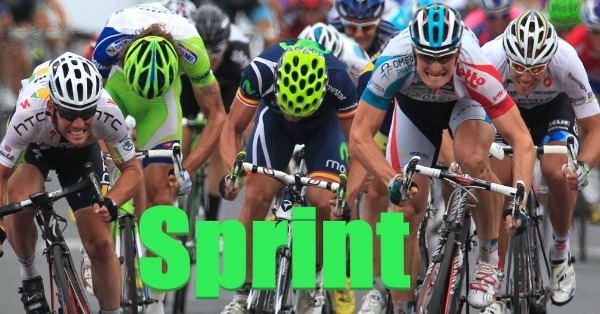 A sprint finish at a bicycle race with the word Sprint over it