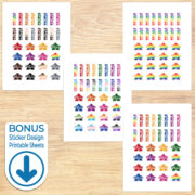 4 printable sheets of People Make the Playtest Stickers, each sheet has 16 stickers with an outer shape of a meeple and 16 with a meeple in the O of "People" and has a different combination and arrangement of colors, labeled with a "BONUS sticker design printable sheets" download symbol